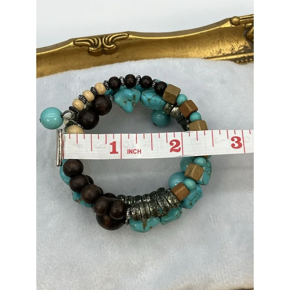 Vtg Faux Turquoise Blue Wood Coil Wire Wrap Bracelet Boho Hippie Cowgirl Western